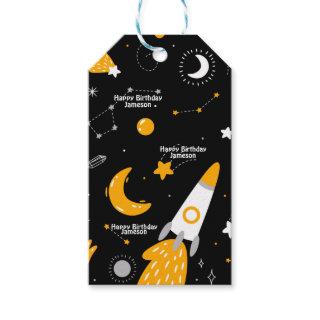 Black Night Sky Outer Space Rocket Birthday Gift Tags