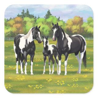 Black Pinto Paint Quarter Horses In Summer Pasture Square Sticker