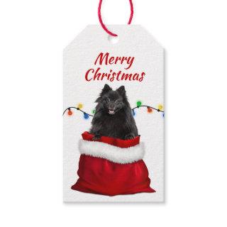 Black Pomeranian Dog in Santa Bag Gift Tags