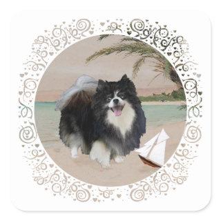 Black Pomeranian with Sailboat Square Sticker