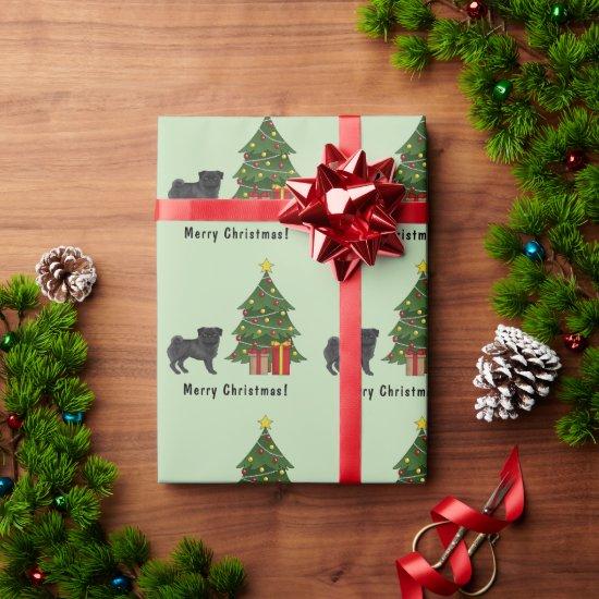 Black Pug Cute Cartoon Dog With A Christmas Tree