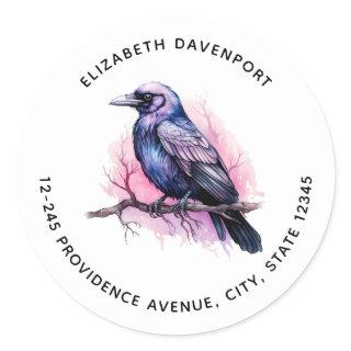 Black Raven on a Branch Illustration Address Classic Round Sticker