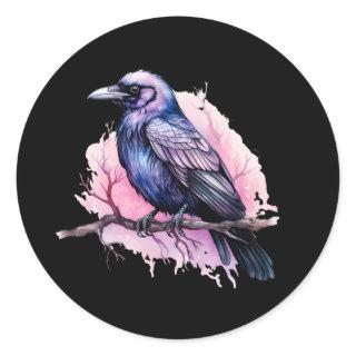 Black Raven on a Branch Illustration Classic Round Sticker