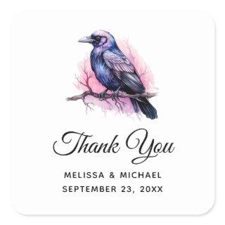 Black Raven on a Branch Illustration Thank You Square Sticker