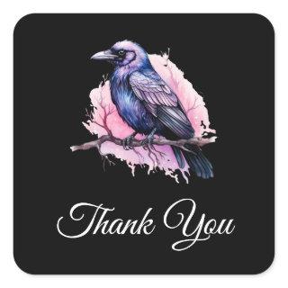 Black Raven on a Branch Illustration Thank You Square Sticker
