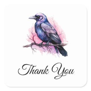 Black Raven on a Branch Illustration Thank You Square Sticker