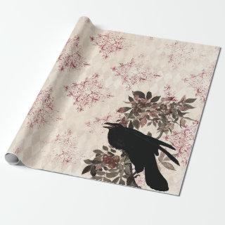 Black Raven on Branch Burgundy Damask