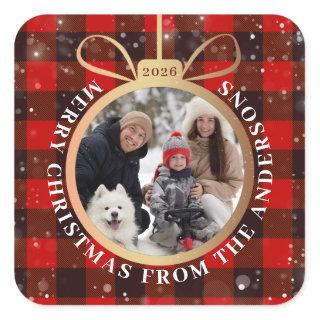 Black & Red Buffalo Plaid Christmas Ornament Photo Square Sticker