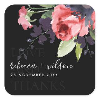 BLACK RED ROSE FLORAL LOVE AND THANKS WEDDING SQUARE STICKER