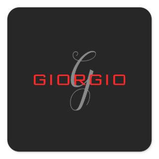 Black Red Your Name Initial Monogram Modern Square Sticker