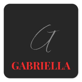 Black Red Your Name Initial Monogram Modern Square Sticker
