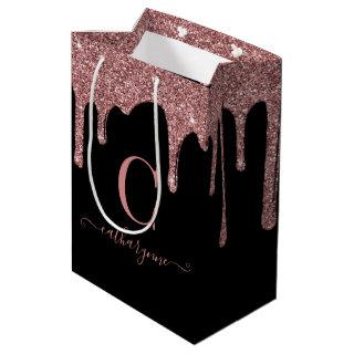 Black Rose Gold Sparkle Dripping Glitter Monogram Medium Gift Bag