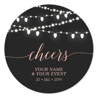 Black & Rose Gold String Lights Cheers Favor Gift Classic Round Sticker