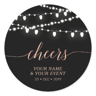 Black & Rose Gold String Lights Cheers Favor Gift Classic Round Sticker