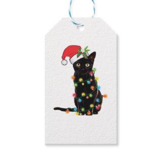 Black Santa Cat Tangled Up In Lights Christmas Gift Tags