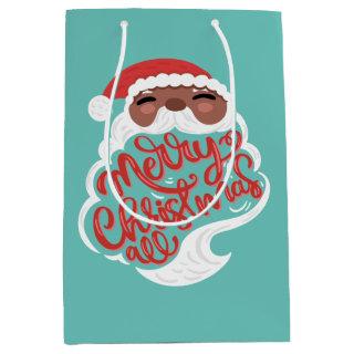 Black Santa | Merry Christmas All, Turquoise Blue Medium Gift Bag