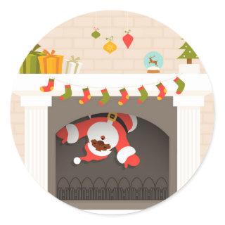black santa stuck in fireplace classic round sticker