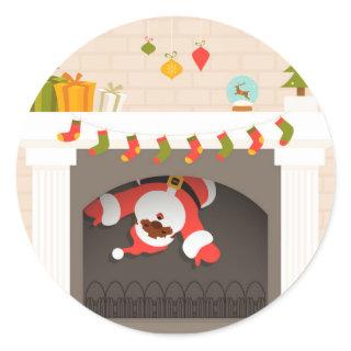 black santa stuck in fireplace classic round sticker