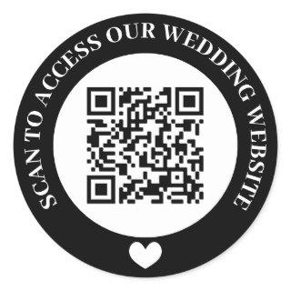 Black Scan To Access Wedding Website Heart QR Code Classic Round Sticker