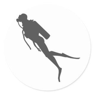 Black silhouette scuba divers classic round sticker