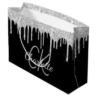 Black silver monogram name modern elegant large gift bag