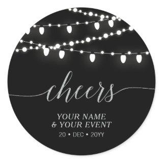 Black & Silver String Lights Cheers Party Favor Classic Round Sticker