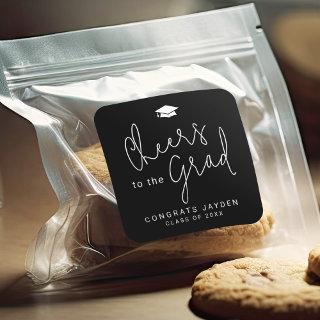 Black Simple Modern Script Cheers Graduate  Square Sticker
