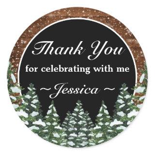 Black Snowy Wood Forest Pine Birthday Thank You Classic Round Sticker