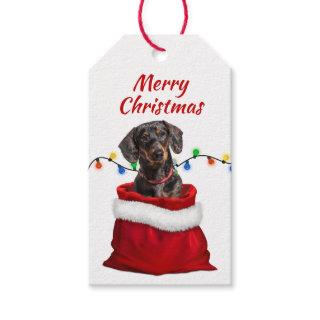 Black Tan Dachshund Dog in Santa Bag Gift Tags