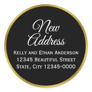 Black, White and Faux Gold New Address Classic Round Sticker