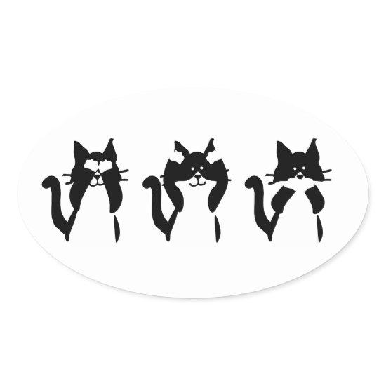 Black White Cats | Three Wise Kitties Oval Sticker