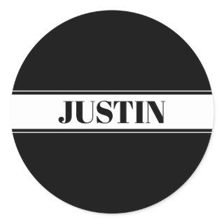 Black & White Custom Name Stripe Classic Round Sticker