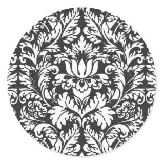 Black White Damask Lace Brocade Classic Round Sticker