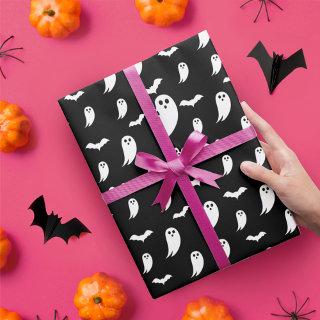Black & White Fun Halloween Ghost & Bats Pattern