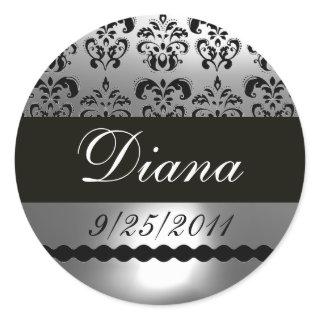 BLACK WHITE GREY DAMASK CLASSIC ROUND STICKER