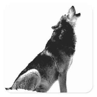 Black White Howling Wolf Square Sticker