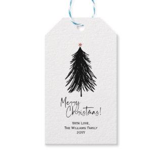 Black White Merry Simple Christmas Tree Gift Tags