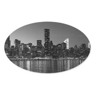 Black White New York City Skyscapers Silhouette Oval Sticker