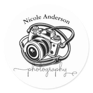 Black White Photography Camera Logo Graphic Classic Round Sticker