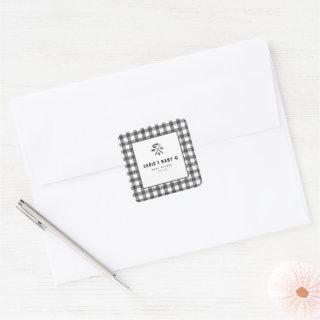 Black White Plaid Gingham Baby Q Baby Shower  Square Sticker