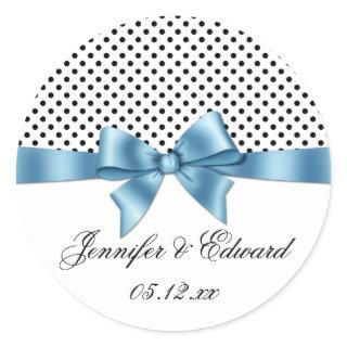Black White Polka Dots Blue Ribbon Save The Date Classic Round Sticker
