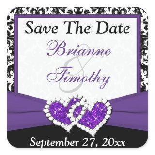 Black White Purple Damask 1.5" Save The Date Stick Square Sticker
