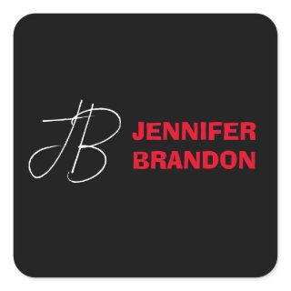 Black White Red Handwriting Monogram Add Name Square Sticker