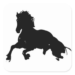 Black White Running Horse Silhouette Square Sticker