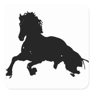 Black White Running Horse Silhouette Square Sticker