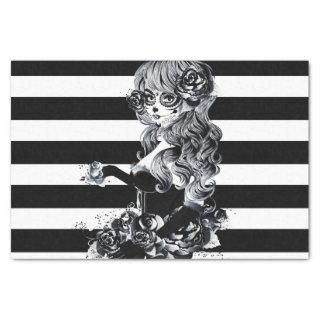 Black & White Striped Pretty Sugar Skull Girl Tissue Paper