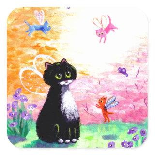 Black White Tuxedo Cat Fairies Creationarts Square Sticker