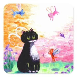 Black White Tuxedo Cat Fairies Creationarts Square Sticker