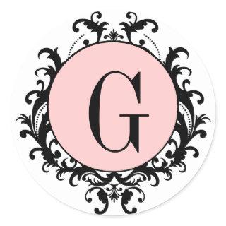 Black White Wedding Monogram G Damask Pink Label