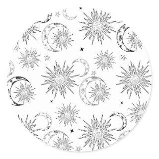 Black & White Whimsical Sun Celestial Birthday Classic Round Sticker